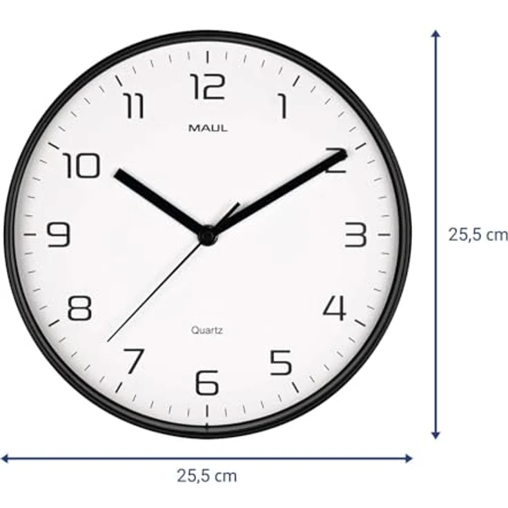 Maul 9051690 Quarz Wanduhr, 25cm x 4cm, modernes Design, mattschwarzer Kunststoffrahmen, schleichender Sekundenzeiger, leise, Ziffernblatt in Weiß – Bild 2