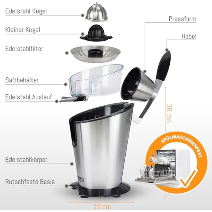 Leben Lang Zitruspresse 600W, elektrische Saftpresse mit Hebel und zwei Presskegeln für Zitronen und Orangen, BPA-frei und spülmaschinenfest – Bild 3