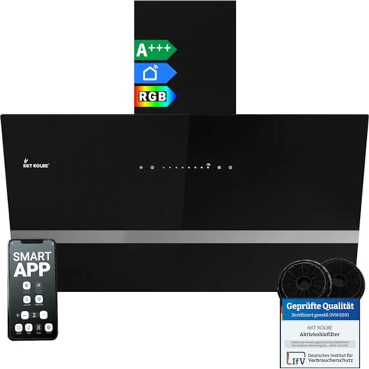 KKT KOLBE EASY9005SM Dunstabzugshaube 90 cm, 782 cbm/h Umluft/Abluft, kopffrei, Wandhaube, Schwarz Glas, Smart WiFi App, RGBW-LED-Beleuchtung, Energieeffizienzklasse A+++ – Bild 1