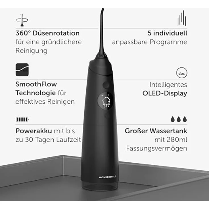 WonderSmile Munddusche PRO - Testsieger 2024 - SmoothFlow-Technologie - 5 Modi - PowerAkku, schwarz – Bild 2