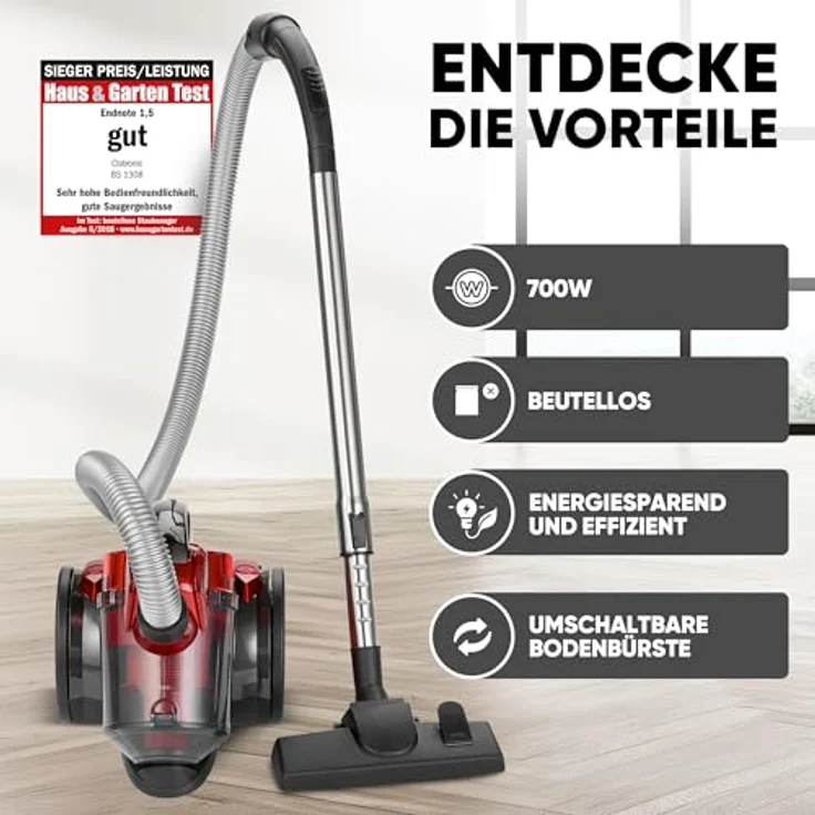 Clatronic BS 1308 Eco-Cyclon Twin-Spin Bodenstaubsauger, beutellose Filtertechnik, Hoch-Effizienz-Partikel-Luftfilter, Metall-Teleskoprohr rot – Bild 5