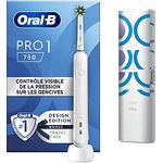 Oral-B Pro 1 750 Elektrische Zahnbürste, 1 Kopf und Reiseetui, entworfen von Braun, Weiß