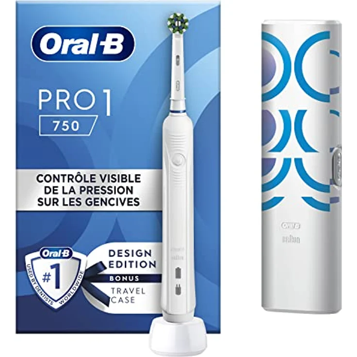 Oral-B Pro 1 750 Elektrische Zahnbürste, 1 Kopf und Reiseetui, entworfen von Braun, Weiß – Bild 1