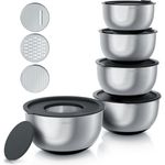 Arendo Salatschüssel 5er Set, Edelstahl Schüsseln 1,6 bis 5 L mit Deckel, 3 Reibaufsätzen, spülmaschinengeeignet, BPA-frei