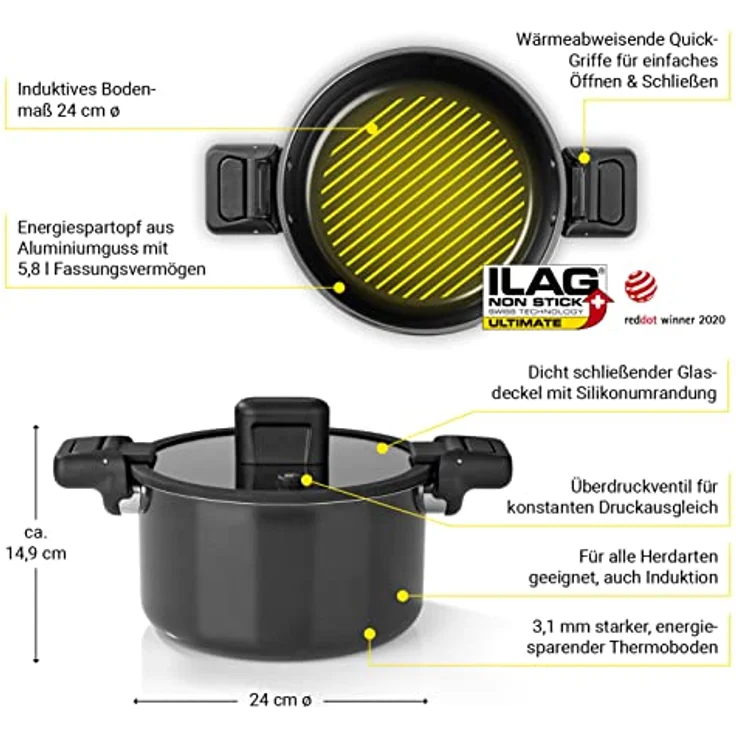 N8WERK Aluguss-Energiespartopf 5,8 L | Wärmeabweisende Griffe, Glasdeckel mit Silikonumrandung | Innen antihaftbeschichtet, außen hitzebeständig | Für alle Herdarten geeignet, auch Induktion – Bild 2