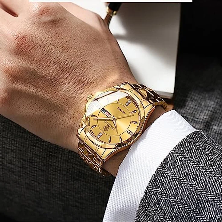 JewelryWe Herrenuhr Edelstahl - Gold Analog Quarz Armbanduhr mit leuchtenden Zeigern, Datum, Woche und 30m Wasserdichtigkeit – Bild 2