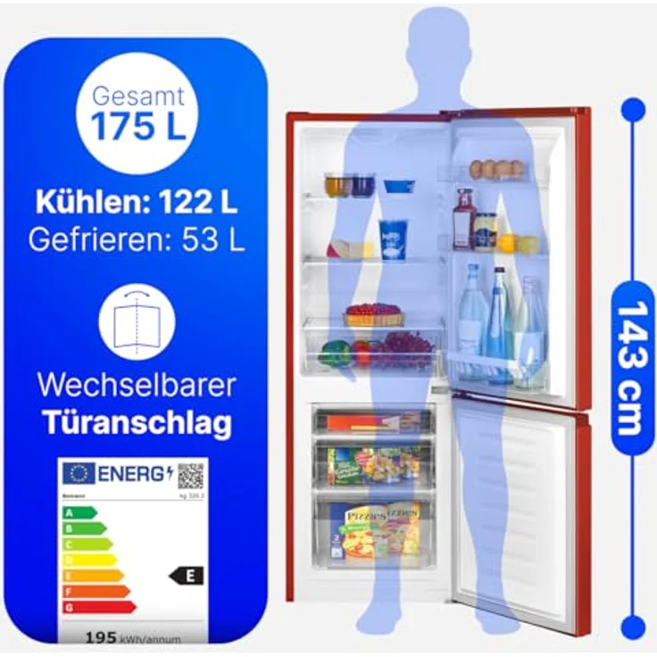 Bomann KG 320.2 W Kühl-Gefrierkombination, freistehend, rot, Breite 49.5 cm, Energieklasse E – Bild 3