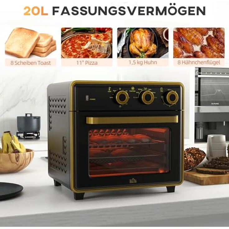 HOMCOM Minibackofen 20L, 5 in 1 Pizza-Ofen inkl. Backblech Set, Frittierkorb, Krümelblech, 1 Std. Timer, 90-230℃, 1400 W Elektrischer Mini Ofen mit Umluft, Schwarz – Bild 3