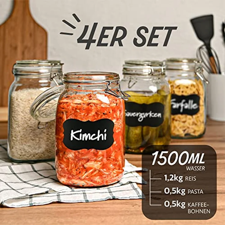 Niboline 4 Einmachgläser mit Bügelverschluss 1,5l - Luftdicht & langlebig - Mit Etiketten, Stift und extra Silikondichtungen - Spülmaschinenfest – Bild 3