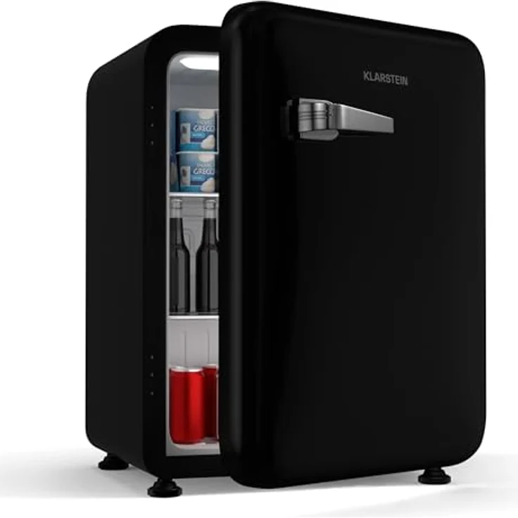 Klarstein Audrey Evo 68L Retro Mini Kühlschrank, 40 dB, kompakt mit verstellbaren Füßen, Wendetür, mechanischem Thermostat, schwarz – Bild 1