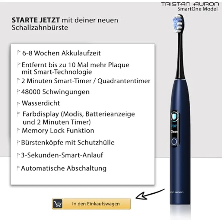 Tristan Auron Smart One Elektrische Schallzahnbürste – 48.000 Schwingungen, 5 Modi, Farbdisplay, USB-C, 6-8 Wochen Akku, IPX7 wasserdicht + 2 Aufsätze mit Schutzhülle SmartOne (Blau) – Bild 5