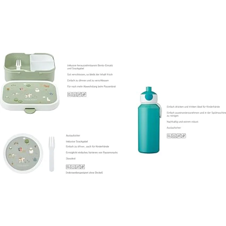 Mepal Campus Lunchset Little Farm | Fruchtbox 300ml, Bentobox 750ml & Trinkflasche 400ml | Spülmaschinenfest & BPA-frei | Mit Fächern, Gabel & Clip-Verschluss | Perfekt für Snacks & Mahlzeiten – Bild 2