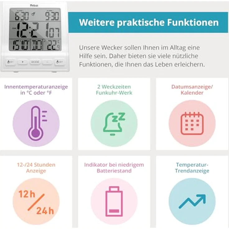 Mebus Digitaler Funk-Wecker mit Thermometer, Datumsanzeige, zwei Weckzeiten, Weckwiederholung, automatische Sommer- und Winterzeitanpassung, Hintergrundbeleuchtung, Weiß – Bild 4