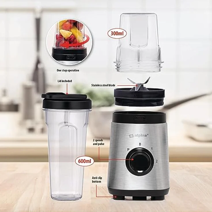 alpina Smoothie Maker Mixer 300W, Standmixer mit 2 Geschwindigkeiten, Pulsfunktion und 300ml/600ml Bechern, Edelstahl, Silber/Schwarz – Bild 4