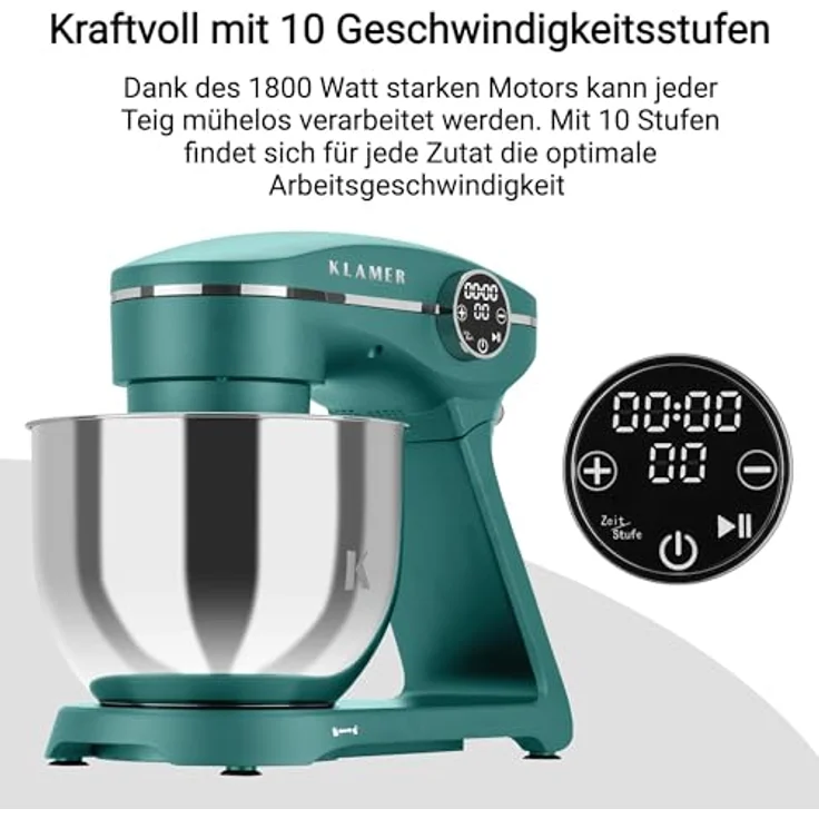 KLAMER Küchenmaschine 1800W, Knetmaschine mit 6 Liter Edelstahl Schüssel, 10 Geschwindigkeitsstufen mit Timer, Rührbesen, Knethaken, Schneebesen und Spritzschutz, in Silber – Bild 5