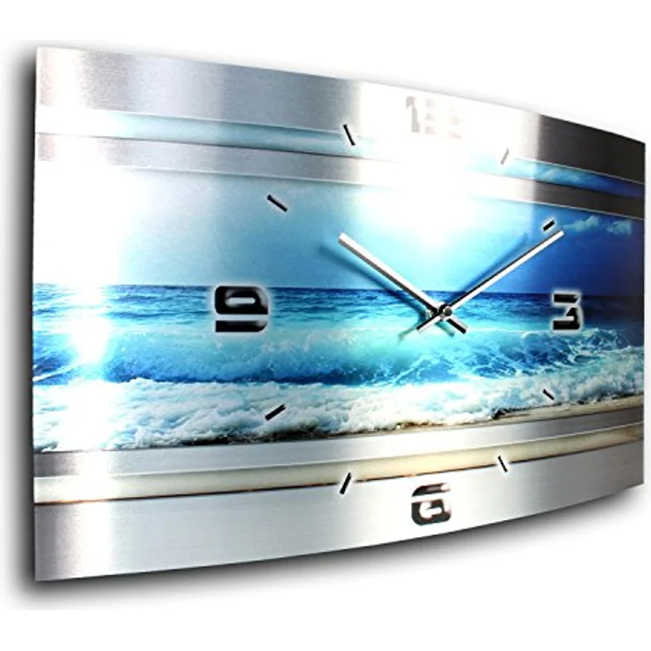 Kreative Feder Blue Ocean Metallic Designer Funk Wanduhr * Made in Germany * leises Funkuhrwerk * 50x30cm * Alu-Verbund - Wanduhr – Bild 2