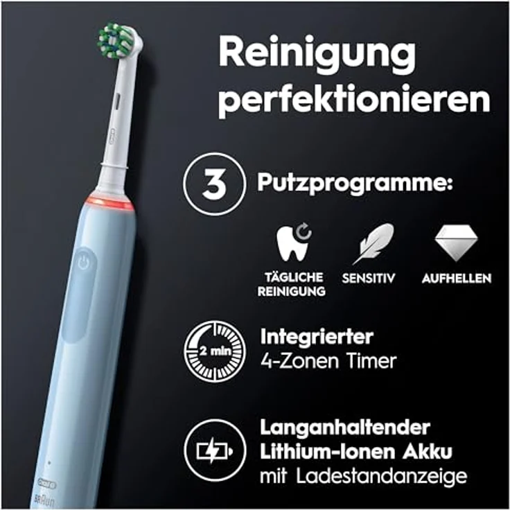 Oral-B Pro 3 3000 Cross Action Blue Elektrische Zahnbürste, 2 Aufsteckbürsten – Bild 4