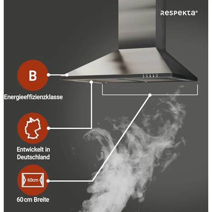 Respekta CH 22058 IX-B Wandhaube, B, Abluft und Umluft, Wand- oder Schrankmontage, Breite 60 cm, 3 Gebläsestufen – Bild 3