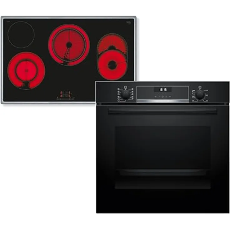 Bosch HBD632LS82 Einbau-Backofen-Set, 60 cm Einbau-Backofen HBG537BB4 & 80 cm Elektro-Kochfeld PKH845BB1D, Air Fry, 3D-Heißluft, Bräterzone, leichte Reinigung