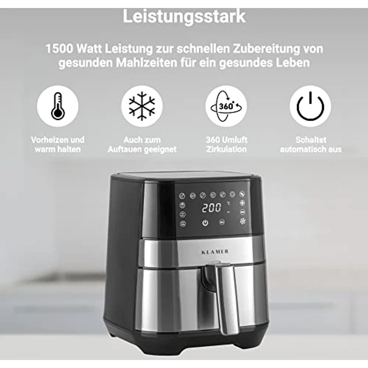 KLAMER Heißluftfritteuse 3,5L, Multifunktionale Mini Heissluftfritteuse, ölfreie Fritteuse, 1500W Airfryer mit 8 Vorprogrammen – Bild 3