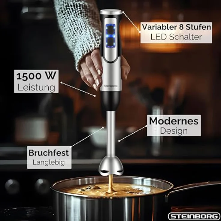 STEINBORG Stabmixer SB-7070, 1500 W, Edelstahl + Kunststoff, 2 Geschwindigkeitsstufen, umfangreiches Zubehör – Bild 3