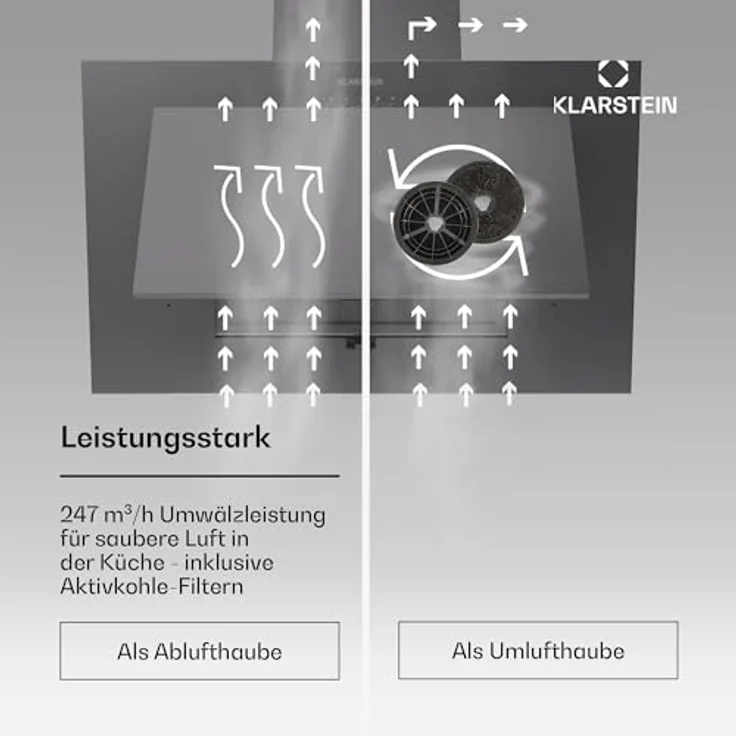 Klarstein Dunstabzugshaube 60cm, Abluft/Umluft Dunstabzugshaube mit Spülmaschinenfestem Filter, LED-Beleuchtung, Energieeffizienz A++, leise mit 305m³/h Luftstrom, Edelstahl – Bild 3