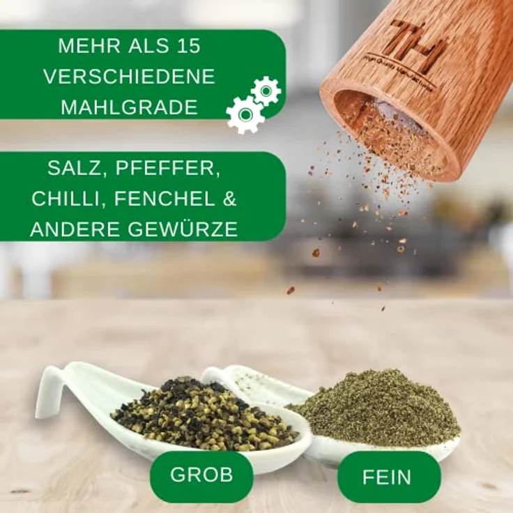 Thiru Profi Salz und Pfeffermühle Set - patentiertes Keramikmahlwerk - inkl. Untersetzer & Reinigungspinsel - Eiche Massivholz klein – Bild 5
