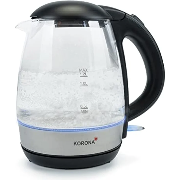 Korona 20608 Glas-Wasserkocher, 2200 Watt, 1,2 Liter, LED-Beleuchtung, verdecktes Heizelement, Kalkfilter, silber, schwarz – Bild 2