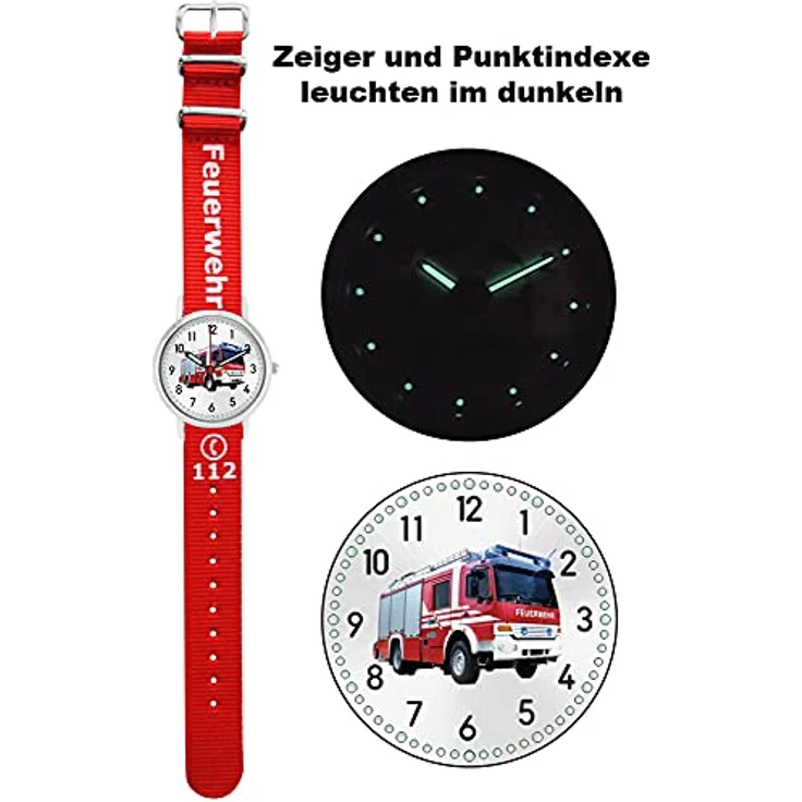 Pacific Time Kinder Armbanduhr Feuerwehr, Analog Quarz mit Wechselarmband in Rot, 10-fach verstellbar, leuchtende Zeiger und Punktindexe – Bild 3