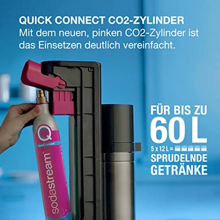 SodaStream Wassersprudler DUO Comfort-Set mit CO2-Zylinder, 2X 1L Glasflasche, 2X 1L spülmaschinenfeste Kunststoff-Flasche und sytlischem Flaschenhalter, Höhe: 44cm, Farbe: Titan – Bild 5