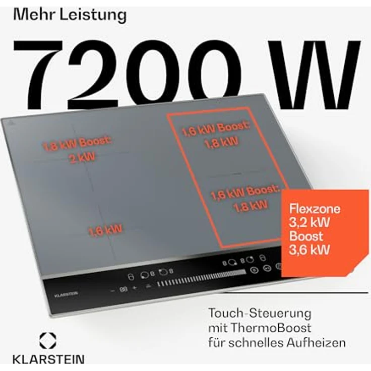 Klarstein DualTone Hybrid Induktionskochfeld 4-Zonen Induktionsherd mit 7200 W, Flex-Zone, Booster, Schieberegler, Timer, Warmhaltefunktion, Aluminiumrahmen, Silber, 60 cm – Bild 3