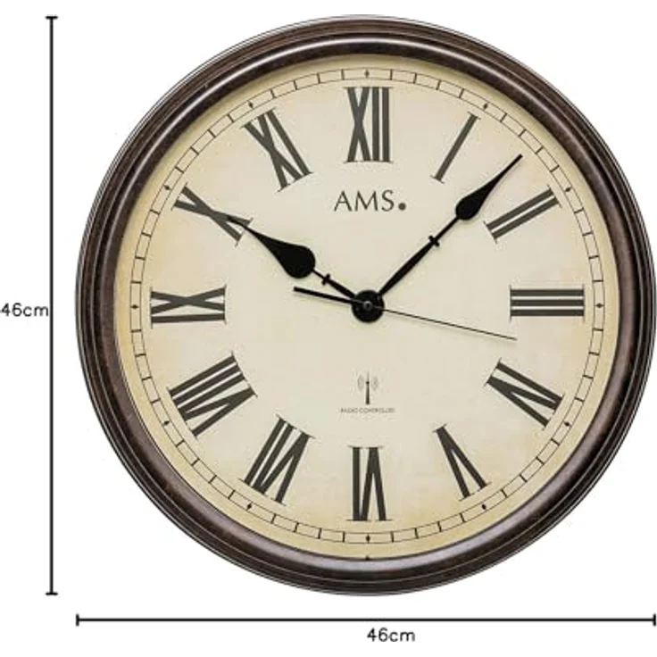 AMS. Funk-Wanduhr Villach 5977, Vintage, antikes Metallgehäuse, groß, für Wohnzimmer, Schlafzimmer, mit Mineralglas – Bild 2