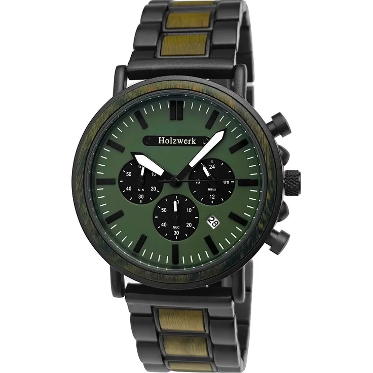 Holzwerk Chronograph HERSBRUCK Herren Edelstahl & Holz Armband Uhr in grau, oliv grün mit Chronographen und fluoreszierenden Zeigern