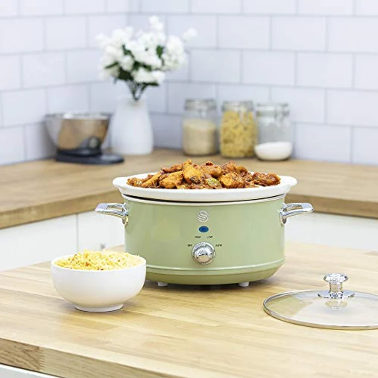 Swan Retro SF17021GNEU Slow Cooker 3,5L Abnehmbarer Kochbehälter, PFOA- und PTFE-freier Keramischer Antihaft-Behälter, 3 Temperaturstufen, Glasdeckel, Vintage-Design, Grün, 200W – Bild 3