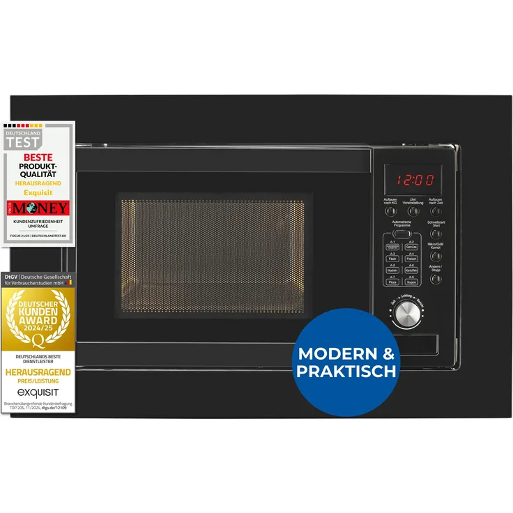 Exquisit EMW20.1 G, Einbau-Mikrowellenherd mit 20 Liter, Mikrowelle + Grill, 8 automatische Kochprogramme, digitale Steuerung, schwarz