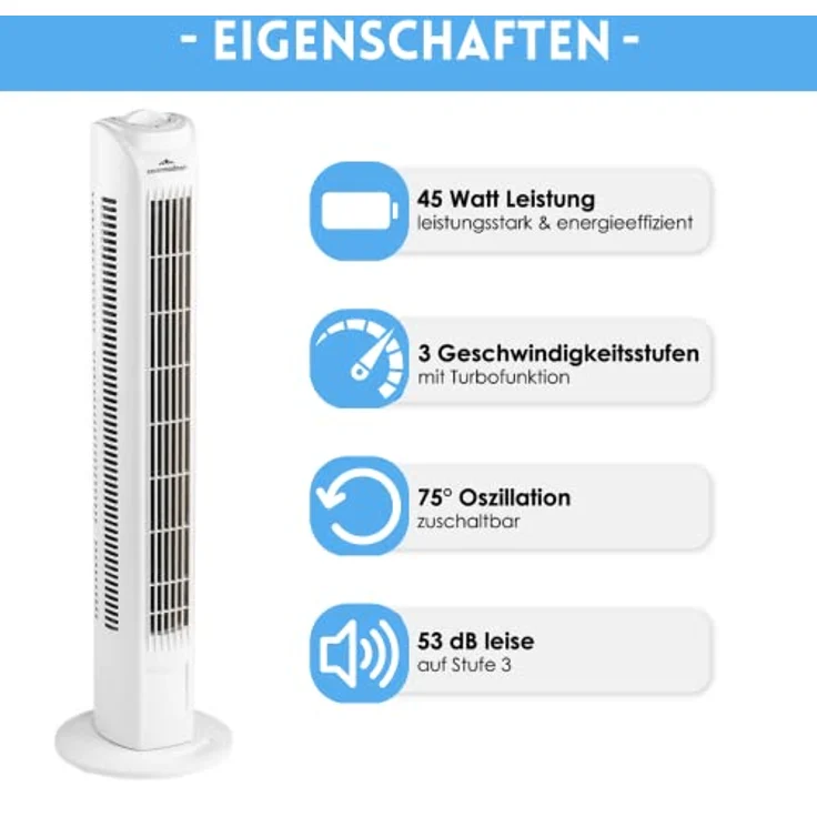 Commodoor Turmventilator Energiesparender Säulenventilator A+, 3 Geschwindigkeitsstufen, 75° Schwenkfunktion, TÜV-geprüft, Leise Betriebslautstärke (max 48dB) Turmlüfter Modernes Design – Bild 2