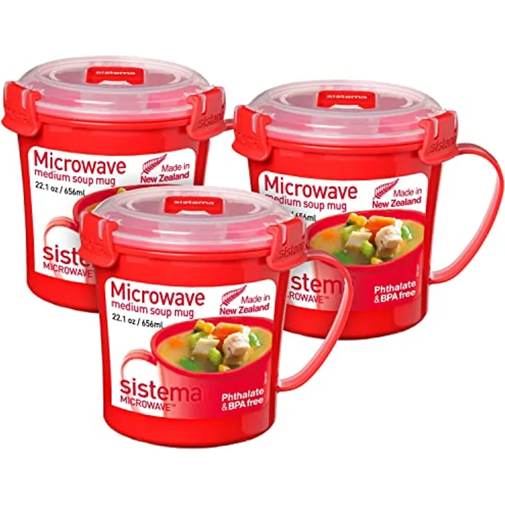 Sistema Microwave Suppentasse, mittelgroß, mikrowellenfeste Frischhaltedose, 656 ml, BPA-frei, rot, 3 Stück