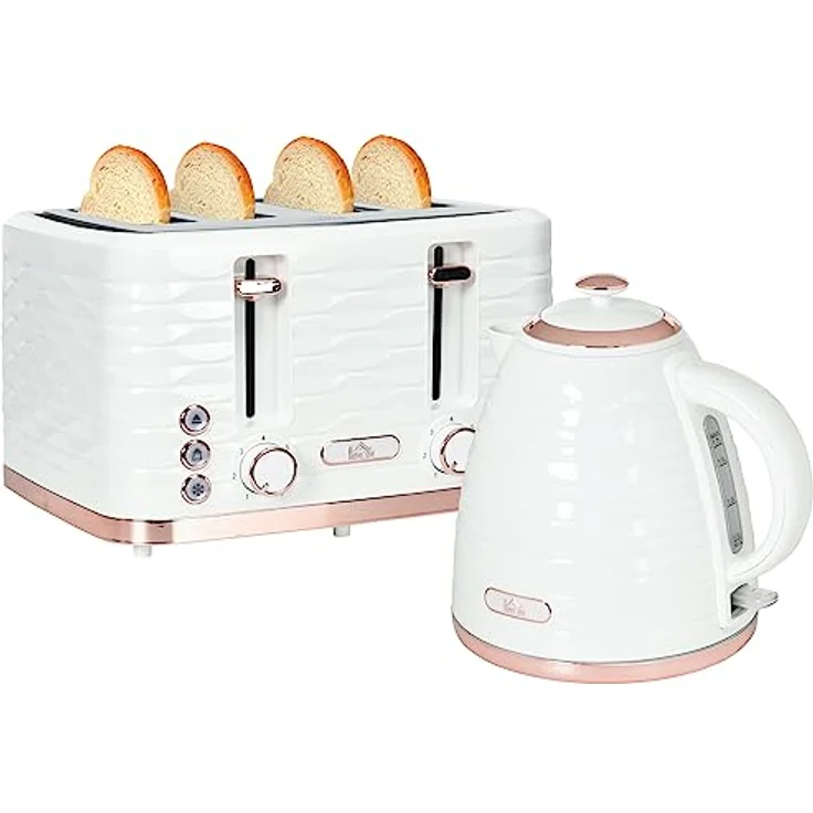 HOMCOM Kocher-Toaster-Set, 4-Scheiben-Toaster und 1,7L Wasserkocher mit Sicherheitsfunktionen, Cremeweiß – Bild 1