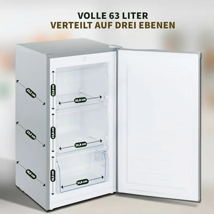 Stolthoff® Mini Gefrierschrank 63L, 4 Sterne Tiefkühlschrank bis -18 °C, leise 39 dB, wechselbarer Türanschlag, freistehend, Silber – Bild 5