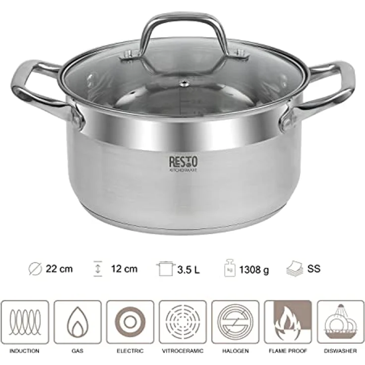 RESTO Edelstahltopf 22cm - Suppentopf, Universaltopf 3,5l - Schmortopf mit Deckel - Topf für alle Herdarten auch Induktion - beschichteter Topf mit hitzebeständigem Glasdeckel, Messskala – Bild 2