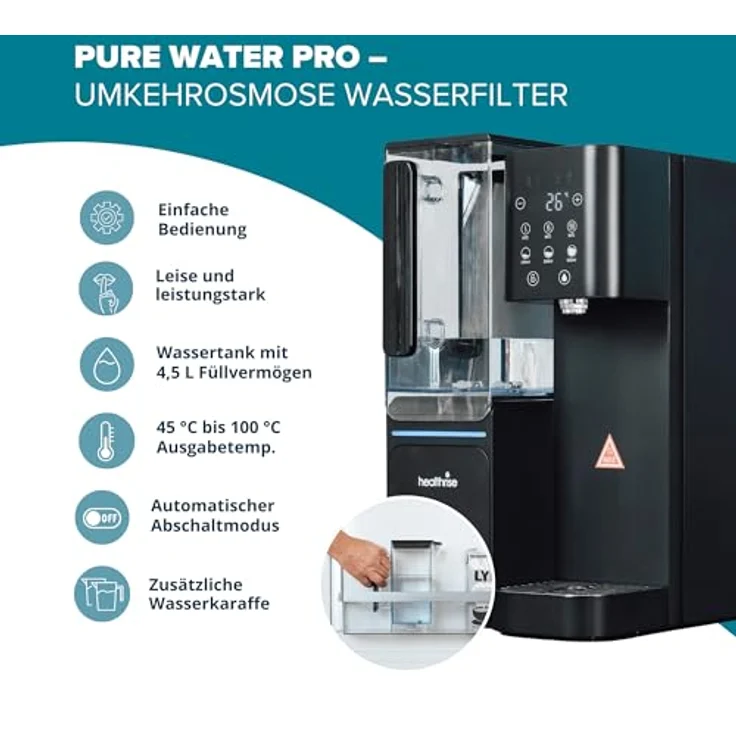 Health Rise Pure Water Pro Umkehrosmose Wasserfilter mit Heißwasserspender, 4,5 Liter Tank, schwarz – Bild 3