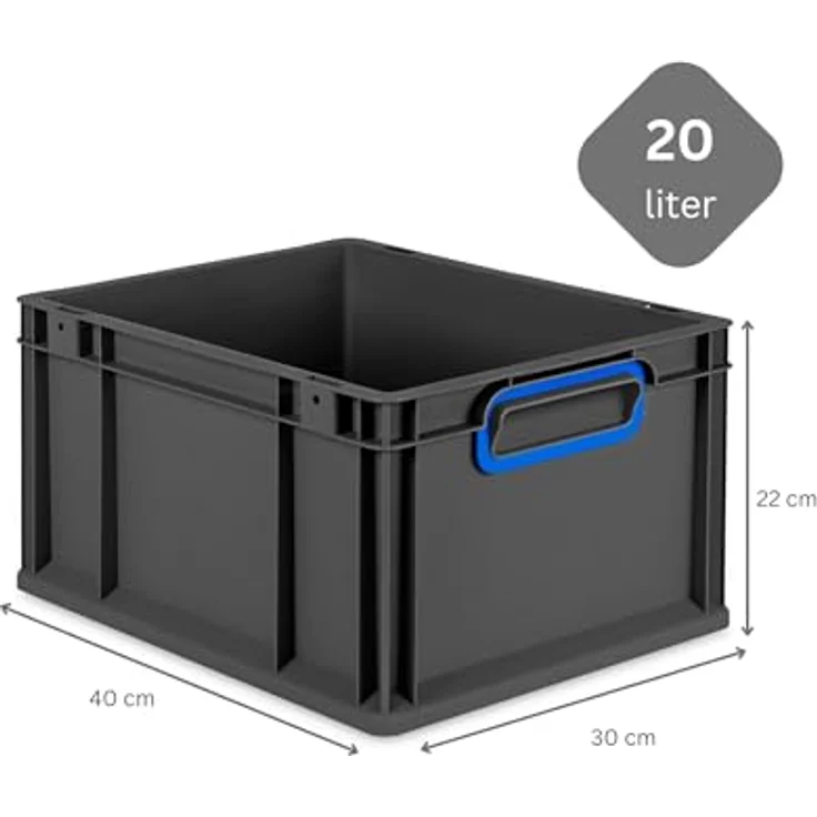 PROREGAL Eurobox NextGen Color SuperSparSet 8x mit Auflagedeckel, 20L, Schwarz, geschlossene blaue Griffe, HxBxT 22x30x40cm – Bild 3