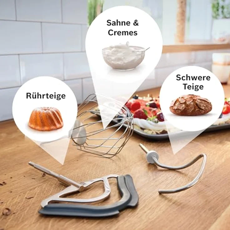 BOSCH Küchenmaschine Serie 4 MUM5XL74, 1000 W, integrierte Waage, 9,4 l Edelstahlschüssel, Mixer, Weiß, mit Fleischwolf und Würfelschneider – Bild 6
