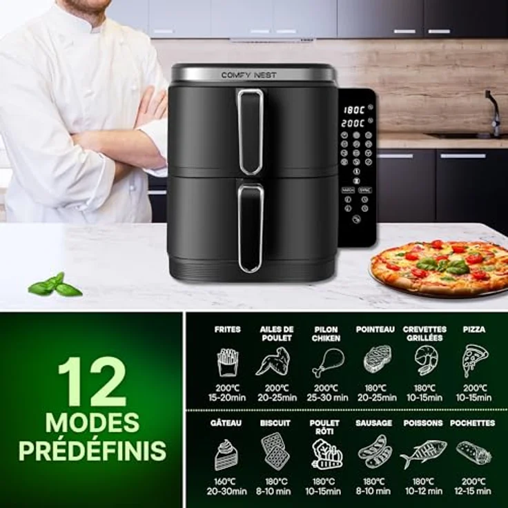 Comfy Nest CN-06177, 11-Liter-Doppelkorb-Heißluftfritteuse mit digitalem Touchscreen, Rapid Air-Technologie, erhöhte Sicherheit, leicht zu reinigen – Schwarz – Bild 3