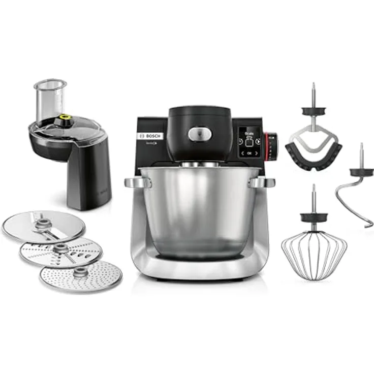 Bosch Küchenmaschine Serie 6 MUMS6ZS13D, Sensortechnologie mit 1g genauer Waage, 1600 W, 5,5 l Edelstahlschüssel, integr. Timer, Durchlaufschnitzler, schwarz/Edelstahl gebürstet
