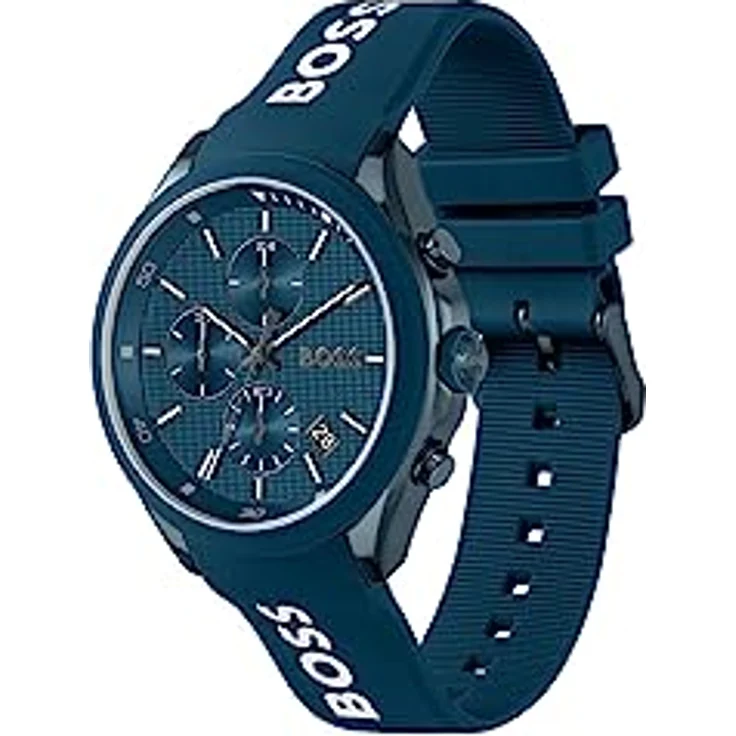 BOSS Chronograph Quarz Uhr für Herren, blaues Silikonarmband, Gehäusedurchmesser 44 mm, wasserabweisend bis 5 bar, Datumsfunktion – Bild 2