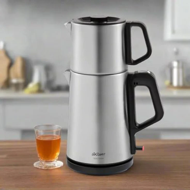 Arzum 2-IN-1 Teemaschine, Türkische Teekanne mit 1,0L Edelstahl-Kanne & 1,8L Wasserkocher – Schnellbrühfunktion, Warmhaltefunktion, Trockengehschutz, Edelstahl-Teefilter, 360° drehbar – Bild 2