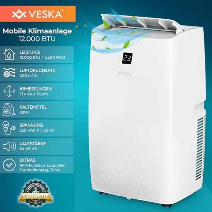 VESKA Mobile Klimaanlage FDP35-3033ZPWR5, 12000 BTU/h (3,5 kW) 4in1 mit WiFi/App, Fernbedienung, 24h-Timer, Luftentfeuchter – Bild 2