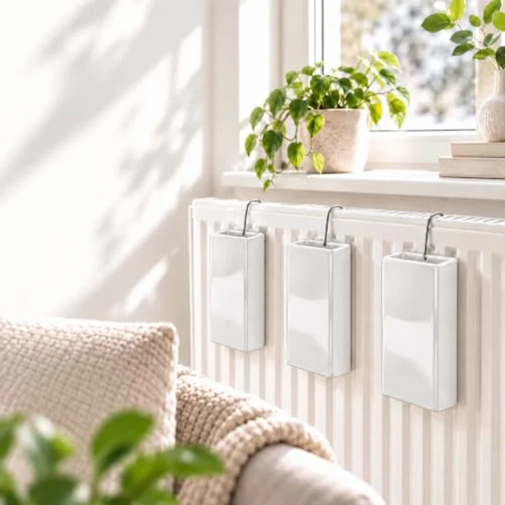 Relaxdays Luftbefeuchter Heizung, 4er Set, passiver Wasserverdunster aus Keramik in Weiß mit Metallhaken und 400 ml Fassungsvermögen – Bild 2