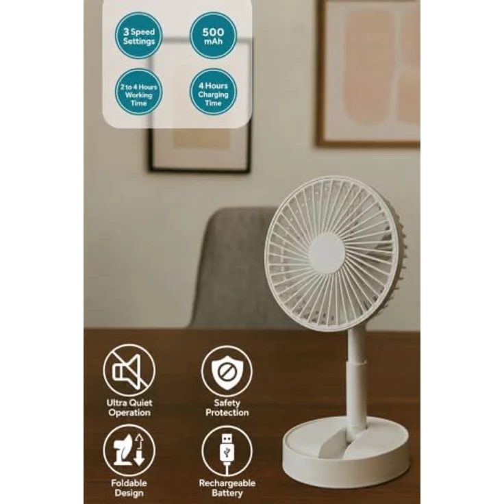 KUMTEL KUF-106, Wiederaufladbarer Tisch- und Handventilator mit 3 Geschwindigkeitsstufen, 13,5 cm Durchmesser, Farbe Weiß, inkl. Standfuß – Bild 3